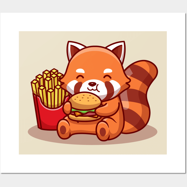 Cute Red Panda Eating Burger With Fries Wall Art by Catalyst Labs